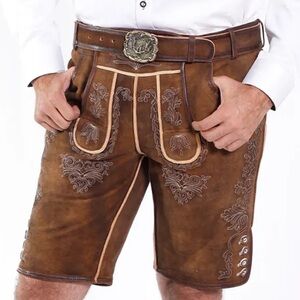 AlpsOak Brown Leather German embroidered shorts for Oktoberfest.